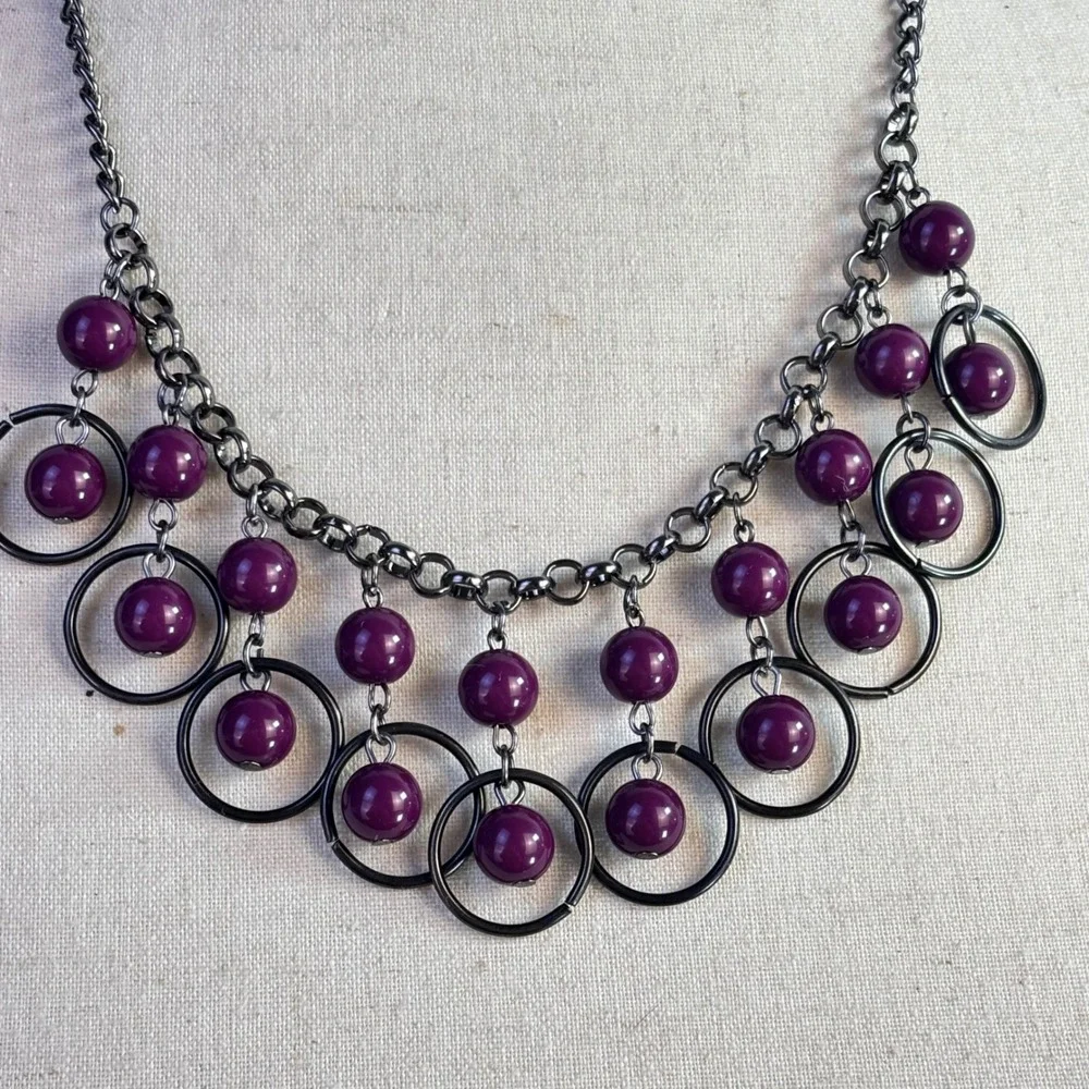 Goth Grunge Vintage Bib Necklace Set Purple Gunmetal Metal Beads Witchy Alt